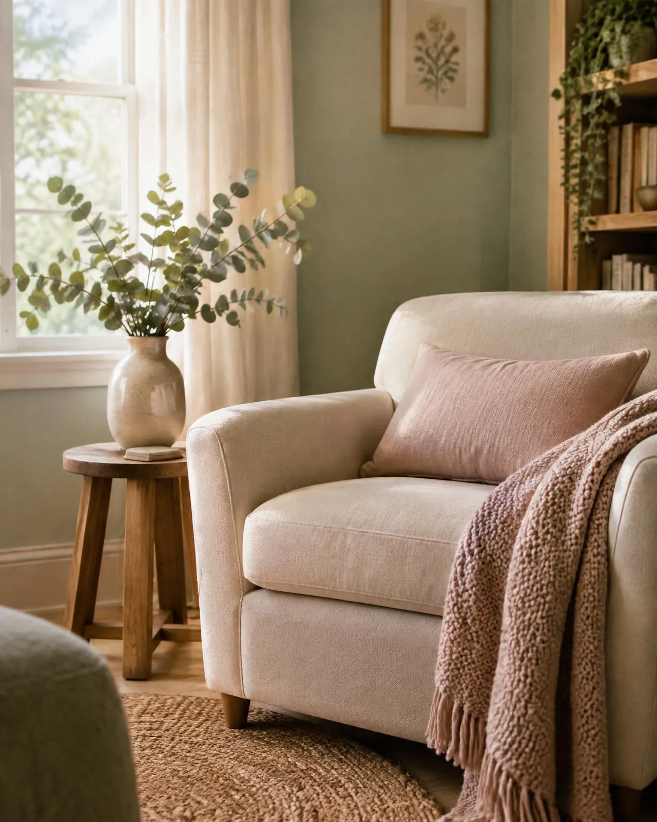 Cozy armchair with a knit throw by a sunny window