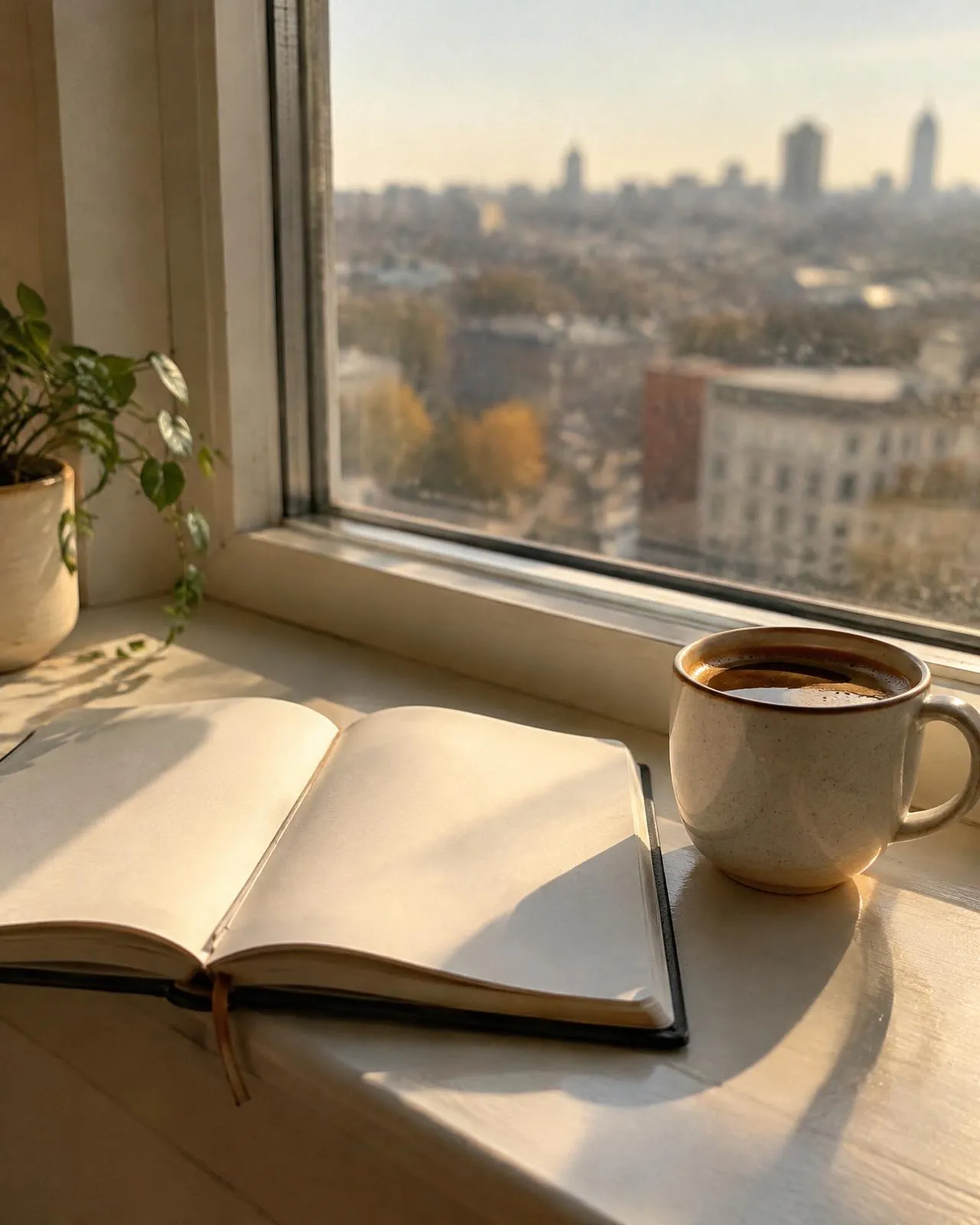 Open notebook and coffee on a sunny windowsill